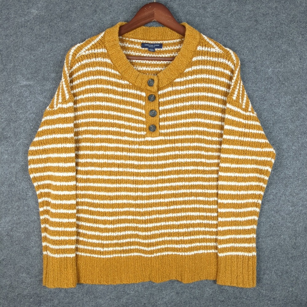 American Eagle Mustard Yellow Striped Henley Sweater Jegging Fit Womens Small - Picture 2 of 11